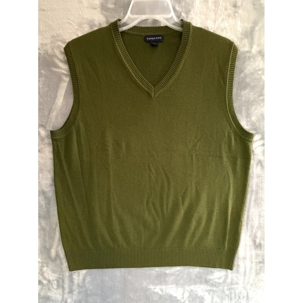 Lands' End Green Sweater Vest Mens L ‎ V-Neck Knit Pullover Rayon Nylon Cotton